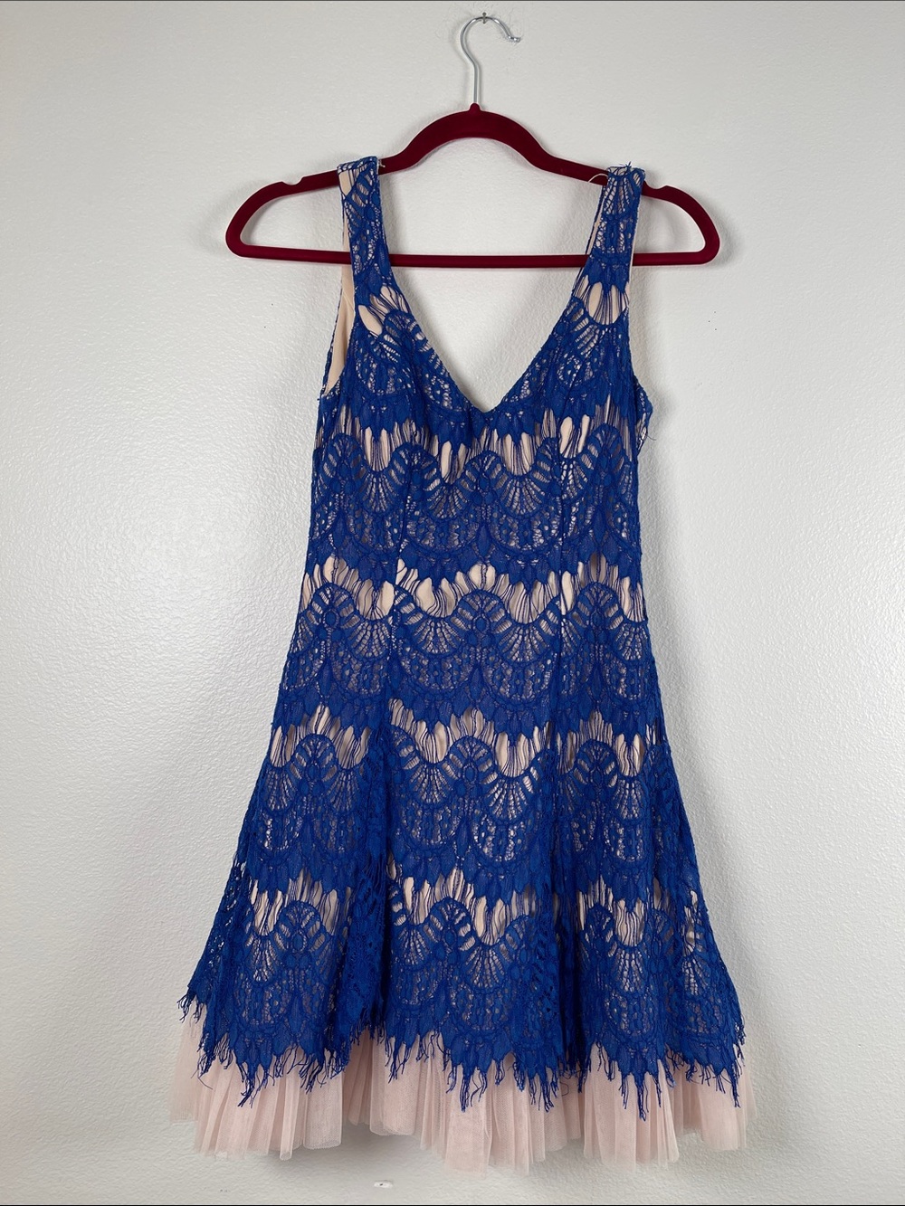B Darlin Royal Blue Lace Mini Dress with Blush Underlay